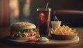 fast food and unhealthy eating concept - close up of fast food snacks and cola drink on wooden table. Generative ai