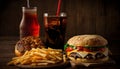 fast food and unhealthy eating concept - close up of fast food snacks and cola drink on wooden table. Generative ai