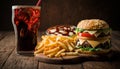 fast food and unhealthy eating concept - close up of fast food snacks and cola drink on wooden table. Generative ai