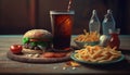 fast food and unhealthy eating concept - close up of fast food snacks and cola drink on wooden table. Generative ai