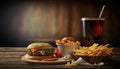 fast food and unhealthy eating concept - close up of fast food snacks and cola drink on wooden table. Generative ai