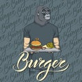 Vector Illustration of gorilla with burger and French fries