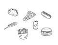 Fast food vector doodles set. Fastfood elements isolated black on white background. Hand drawn outline illustration of