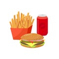 Fast food vector flat illustration. Group of Hamburger, french fries, and soft drink - popular junk food isolated on