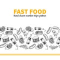 Fast food vector hand drawn seamless stripe pattern. Hand drawn junk food menu illustration.