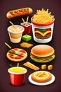 Fast food vector icons set with hamburger, hot dog, cheeseburger, french fries, ketchup, mustard, salad, hot dog, burger, pizza, Royalty Free Stock Photo