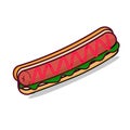 Fast food vector illustration of color hotdog with meat sausage, spicy hot ketchup sauce and vegetables so delicious in isolated w Royalty Free Stock Photo