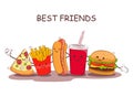 Fast food. Vector illustration of fast food. Cute best friends picture with the image of fast food. Image fast food in vintage sty