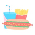 Fast food vector illustration. Fast-food of french fries, hot dog icon and soda drink illustration. Set of flat fast food. Royalty Free Stock Photo