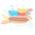 Fast food vector illustration. Fast-food of french fries, hot dog icon and soda drink illustration. Set of flat fast food. Royalty Free Stock Photo