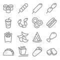 Fast food vector line icon set. Including Chinese noodle box, Taco, nuggets, chips, Rolls, Soft drink and more