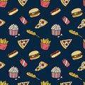 Fast food vector seamless pattern. Fastfood elements background. Hand drawn outline repeat illustration with hot dog, fries, Royalty Free Stock Photo