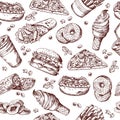 Fast food vector seamless pattern. Hand drawn illustration of hamburger sandwich cola and french fries