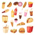 Fast food vector unhealthy cartoon burger sandwich, hamburger, pizza meal fastfood restaurant menu snack illustration. Royalty Free Stock Photo