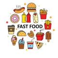 Fast food vectors in circle. lineal color style for set of fast food icons Royalty Free Stock Photo