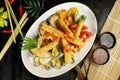 Fast Food - Vegetable Tempura with Soy and Dipping Sauce Royalty Free Stock Photo