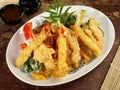 Fast Food - Vegetable Tempura with Shrimps, Soy and Dipping Sauce Royalty Free Stock Photo