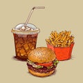 Fast food. Vintage style hand drawn illustration of tasty burger, cold drink and fries