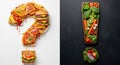 Fast food vs. healthy vegetables: question and exclamation marks in food art Royalty Free Stock Photo