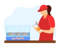 Fast food, woman in cafe preparing delicious hot dog, grilled bun, design cartoon style vector illustration, isolated on