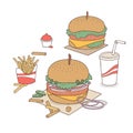 Fast foods, burgers, drink and french fries