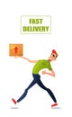 Fast free delivery. Courier runs with box on the order. Colorful characters in a flat style