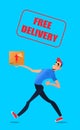 Fast free delivery. Courier runs with box on the order. Colorful characters in a flat style