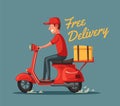 Fast and free delivery. Vector cartoon illustration. Food service. Retro scooter. Royalty Free Stock Photo