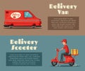 Fast and free delivery. Vector cartoon illustration. Food service. Scooter and van. Royalty Free Stock Photo