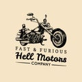 Fast And Furious advertising poster. Vector hand drawn motorcycle in ink style. Vintage detailed chopper illustration.