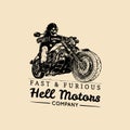 Fast And Furious advertising poster. Vector hand drawn skeleton rider on motorcycle. Vintage eternal biker illustration. Royalty Free Stock Photo