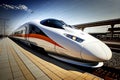 Fast futuristic train at ride. High speed train