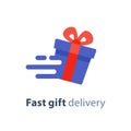 Gift box in motion icon, fast gift delivery service, present quick solution, vector illustration