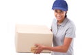 Fast, happy, female delivery service staff with parcel or carton