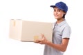 Fast, happy, female delivery service staff with parcel or carton