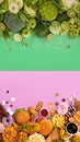 Fast and healthy food compared on pink-green background. Unhealthy set including burgers, sauces, french fries in Royalty Free Stock Photo