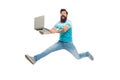 Fast internet. Technologies running world. Man run with modern laptop captured in motion. Never stop. Hipster surprised