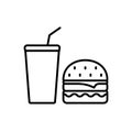 Fast Junk Food Hamburger Cola Outline Pictogram. Takeaway Lunch Cold Soda Beverage Sandwich Flat Symbol. Drink Burger Royalty Free Stock Photo