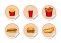 Fast junk food icons. French fries, hot dog, delicious sandwich, chicken wings, soda juice, hamburger. Fast food icons on flat