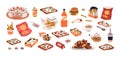 Fast junk food set. Unhealthy snacks and drinks. Fastfood eating. Burger, pizza, chicken nuggets, fat sauces, crisps