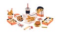 Fast junk food. Unhealthy snacks, eating, soda drink. French fries, burger, onion rings, fat fried chicken strips, legs