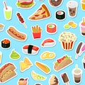 Fast and Junk kinds of Food Scattered on Blue