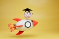 fast learning concept. a brain in glasses and a master's cap flying on a rocket. 3d render