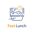 Fast lunch, ready food to eat, take away order, quick meal, open box and clock Royalty Free Stock Photo