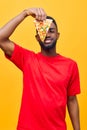 fast man black food guy smile background delivery pizza food happy red person Royalty Free Stock Photo