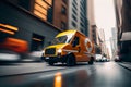 A fast and modern courier truck rushing through the city streets,generative ai