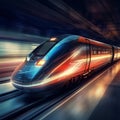 Fast modern express train on high speed railway moving from flash light. Generative Ai Royalty Free Stock Photo
