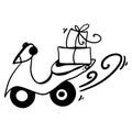 Fast moped food delivery in boxes on the seat cute outline doodle digital art. Print for stickers, cards, stationery, sites, banne