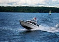 a fast motorboat in the Stockholm archipelago during autumn