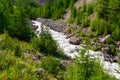 Fast mountain river Feevispa flows from Spielboden towards Saas-Fee village and Saas valley Royalty Free Stock Photo